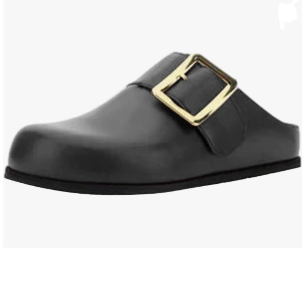 Black Leather Mules with Gold Buckle